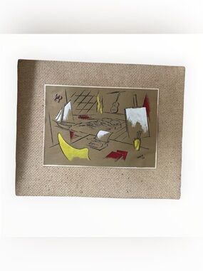 Original MCM Abstract Studio Scene Wall Art Print in Yellow, Red, White